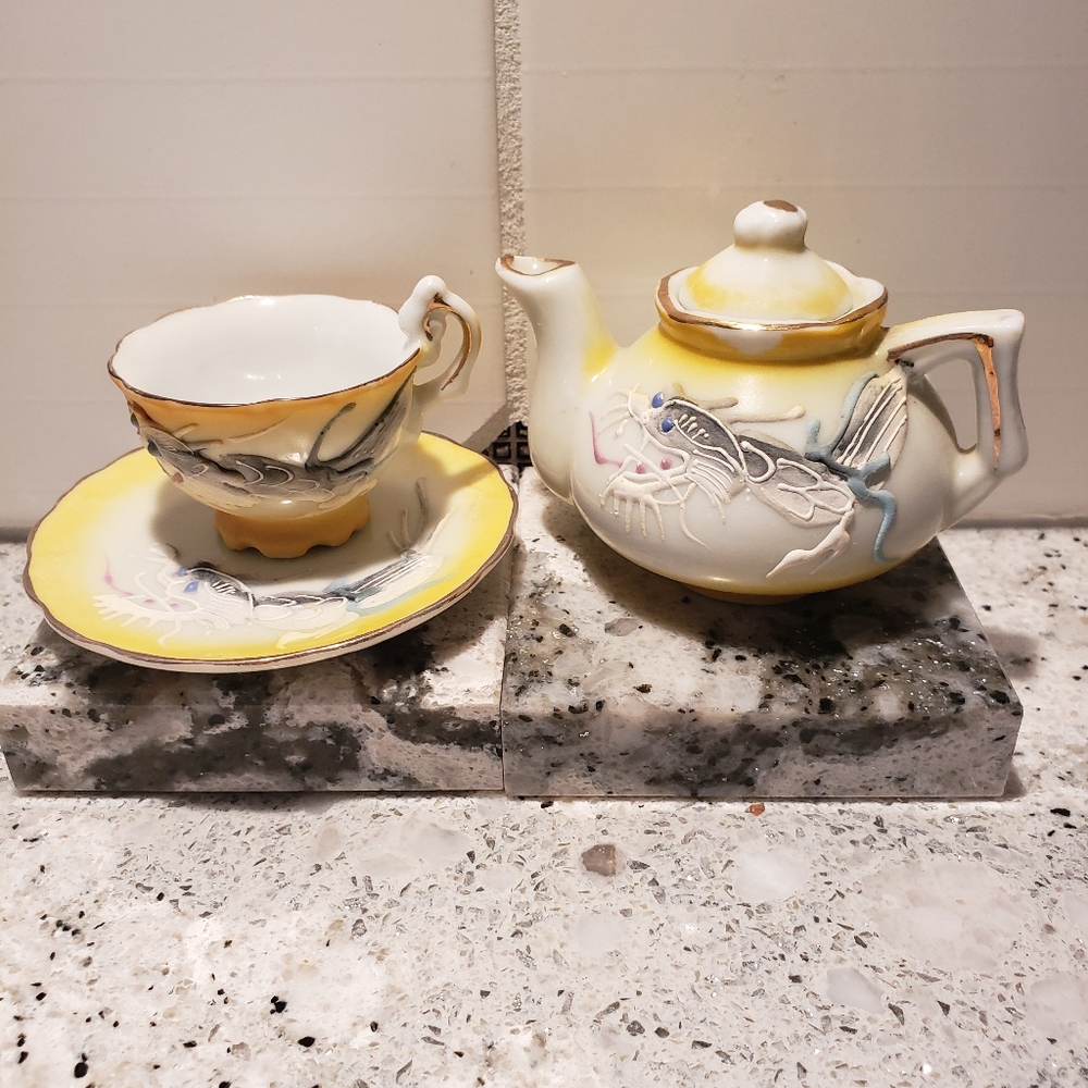 Antique Japanese Miniature Bisque  Teapot, Cup And Saucer.